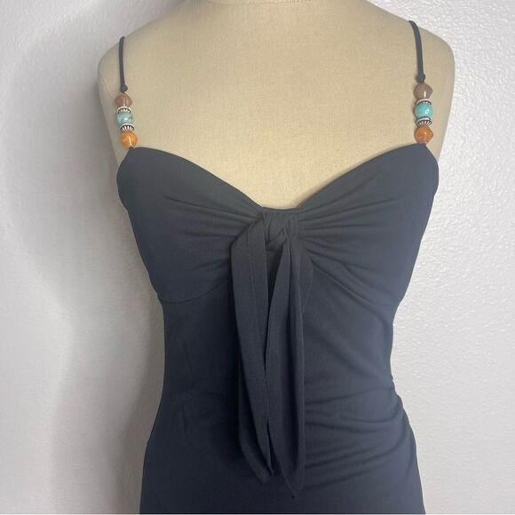 Vintage 90s Express Dress Asymmetrical Black Beaded Bow Boho Vacation MIDI - Picture 5 of 9